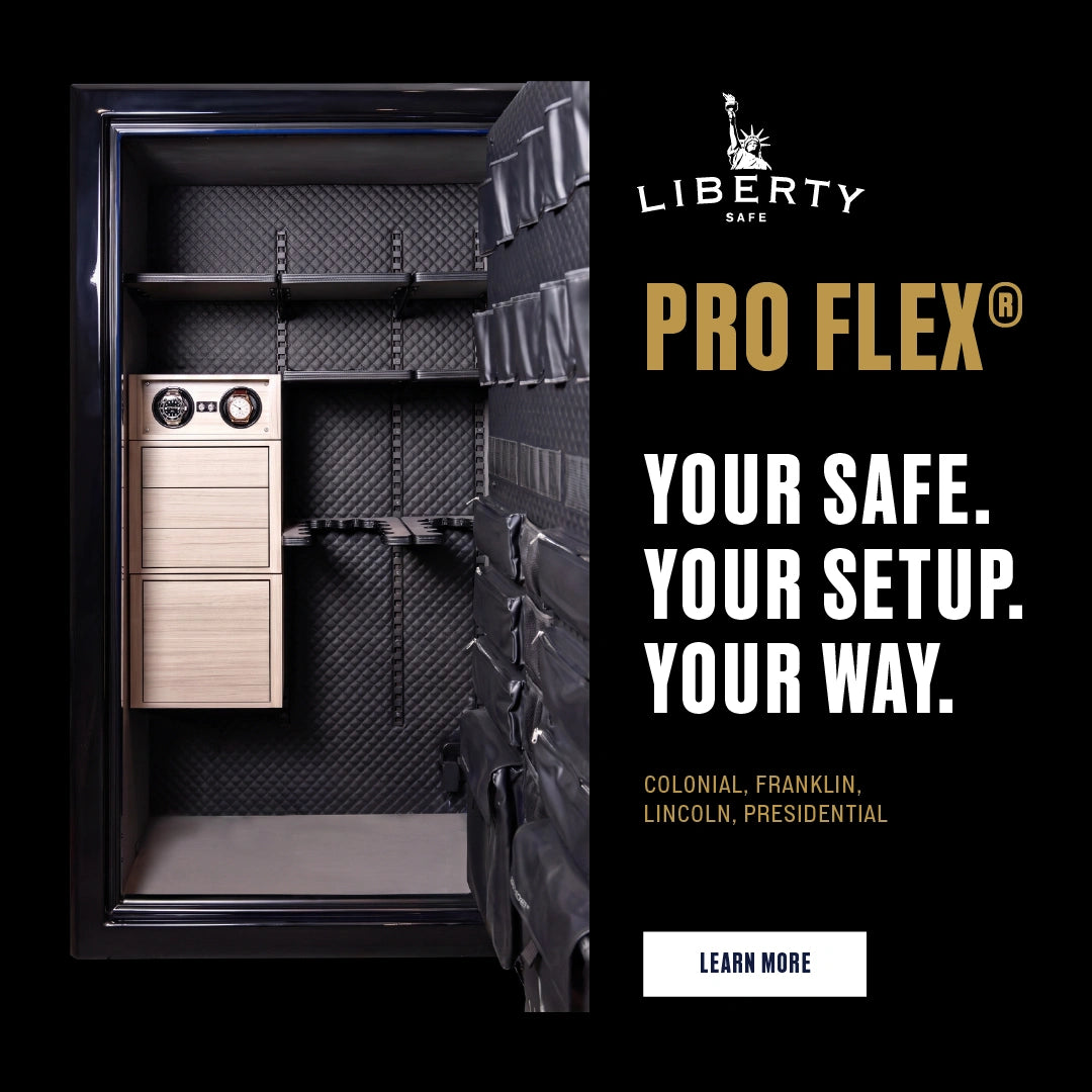Liberty Pro Flex safe interior with adjustable shelving, watch winders, and storage drawers. Your safe, your setup, your way.