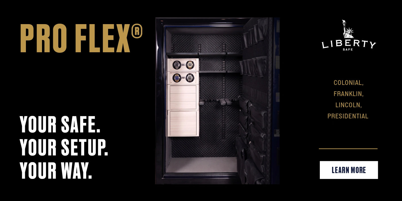 Liberty Pro Flex safe interior with watch winders, storage drawers, adjustable shelving, and door storage.