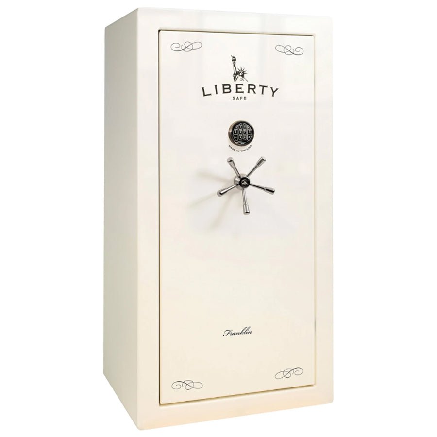 Liberty Safe Franklin 29 in White Gloss with Black Chrome, Exterior.