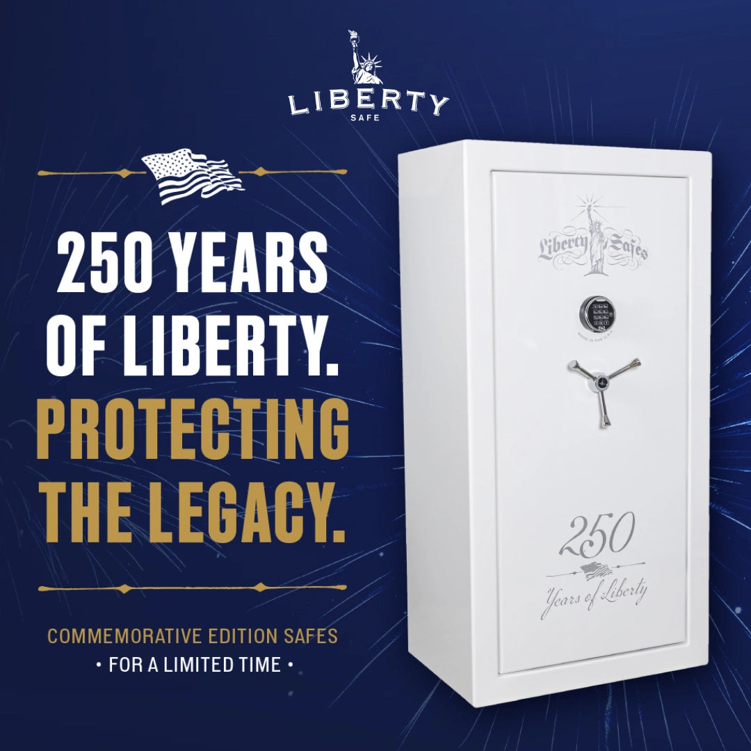 Liberty Safe 250th Commemorative Edition safe in white celebrating 250 years of American craftsmanship with limited-edition patriotic design.