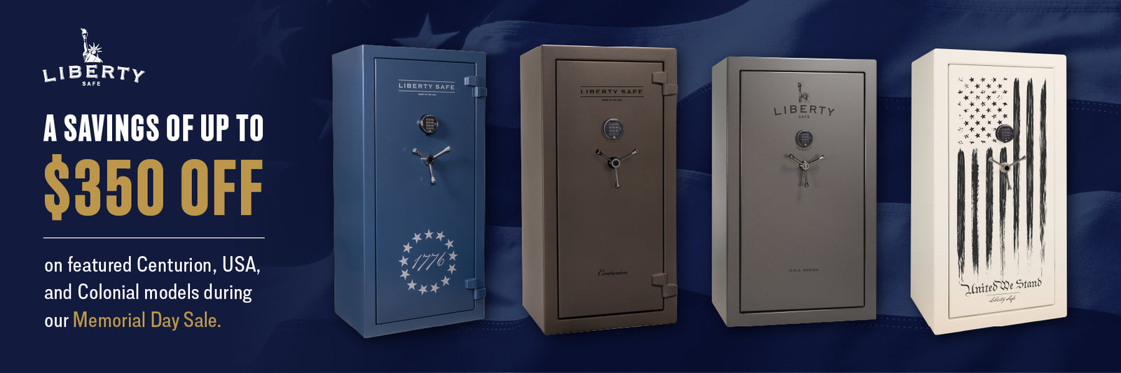 Liberty Safe Memorial Day website banner promoting USA Series gun safes in multiple finishes and Memorial Day sale pricing