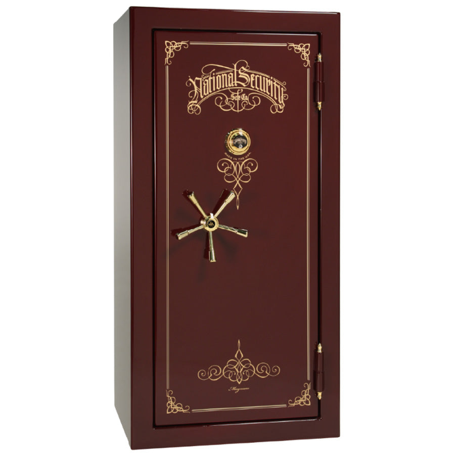 Liberty Safe National Magnum 25 in Burgundy Gloss with Brass Electronic Lock, closed door.
