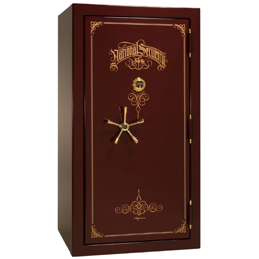 Liberty Safe National Magnum 40 in Burgundy Gloss with Brass Electronic Lock, closed door.