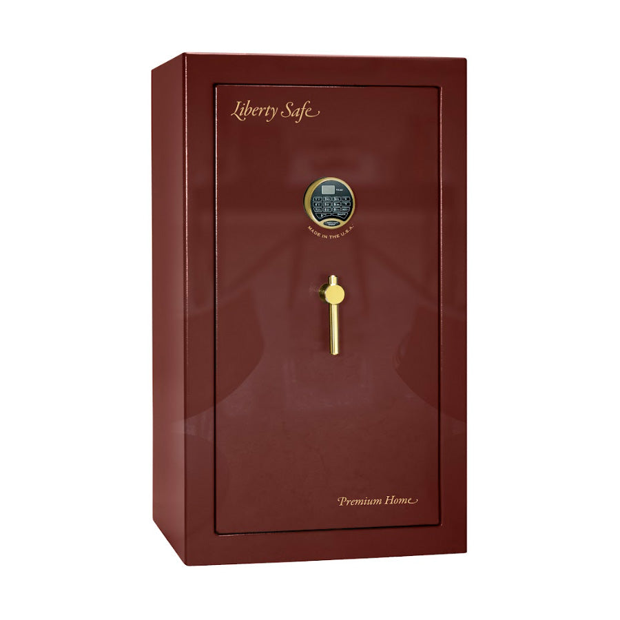 Liberty Premium Home 12 Safe in Burgundy Gloss with Brass Electronic Lock.