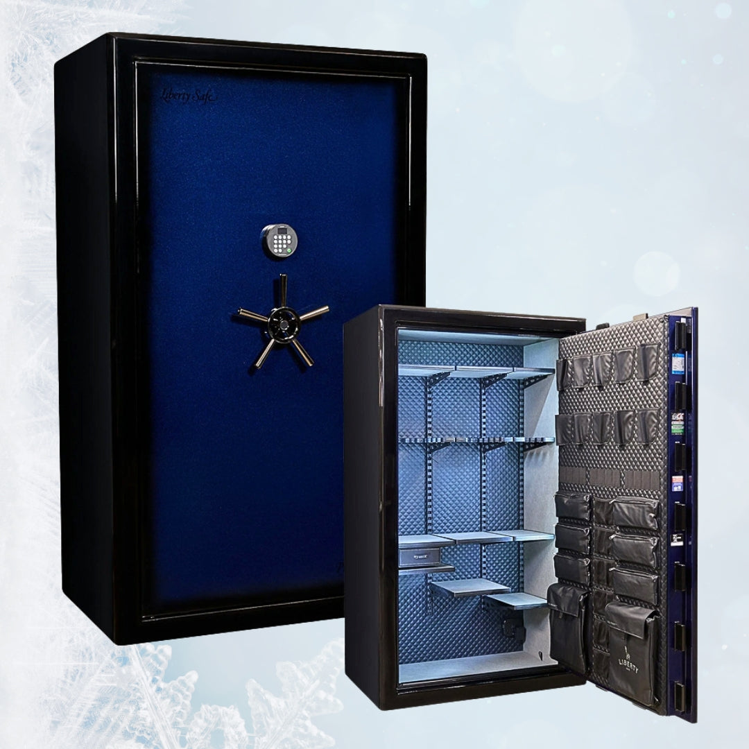 Liberty Safe Presidential Signature safe in Midnight Blue with black door  jambs and Dormakaba 702D electronic lock.
