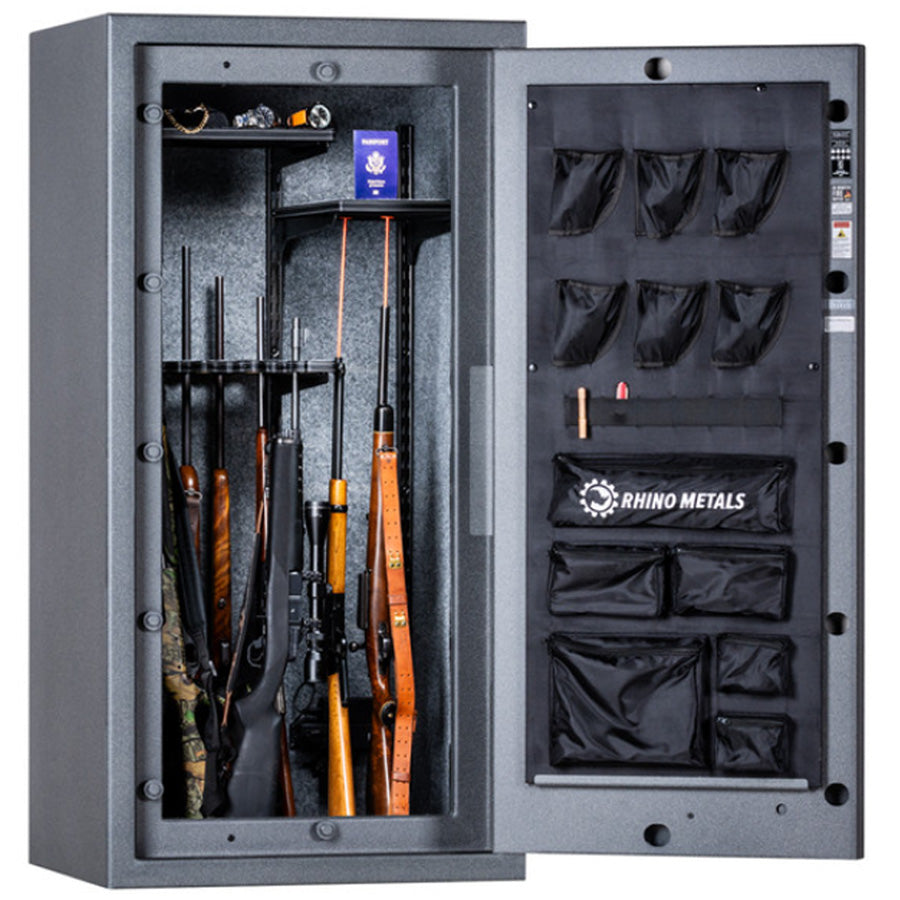 Rhino RX6030 in Textured Granite, door open 180 degrees with extra long gun storage.