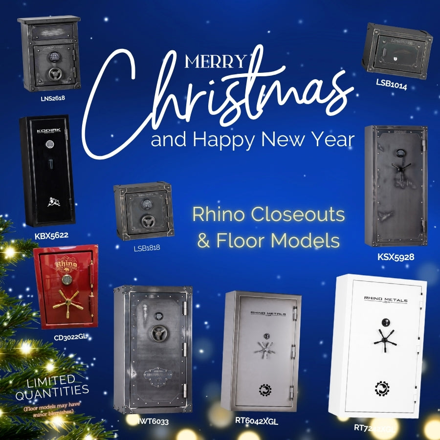 Extra Holiday Savings on Rhino Safe closeouts — limited inventory, floor models available at reduced pricing.