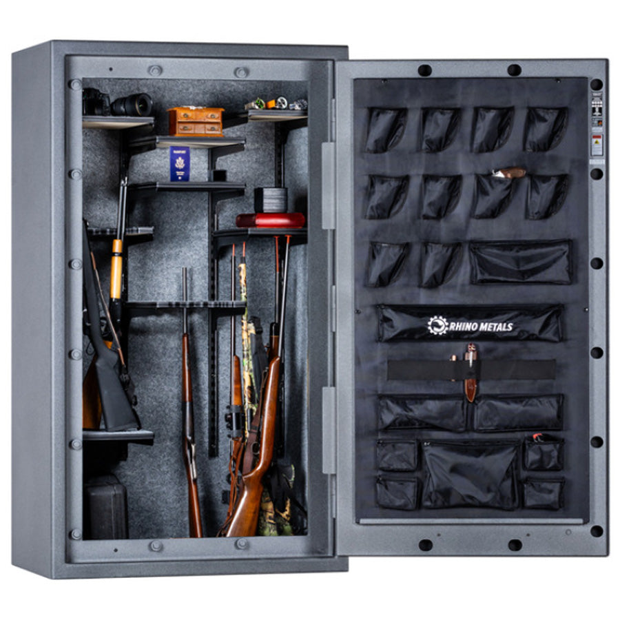 Rhino LX7241 in Textured Granite Finish, door open 180 degrees, long guns.