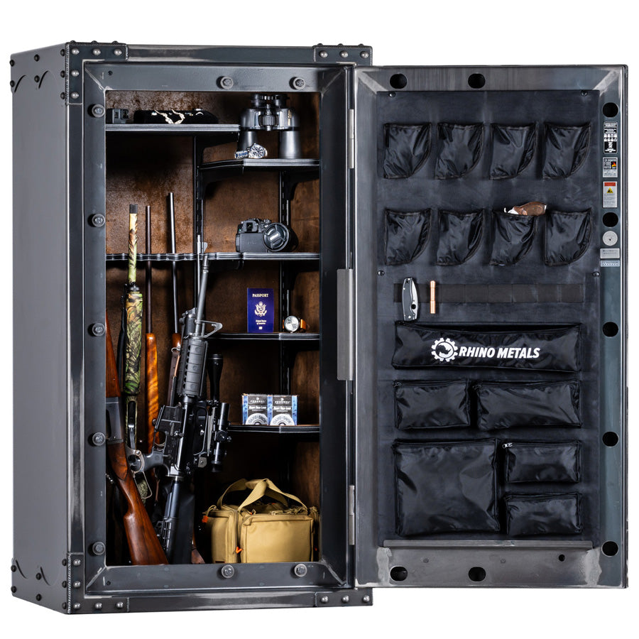 Rhino Thunderbolt TGIX Ironworks gun safe with antiqued steel finish and vault-style hand wheel handle