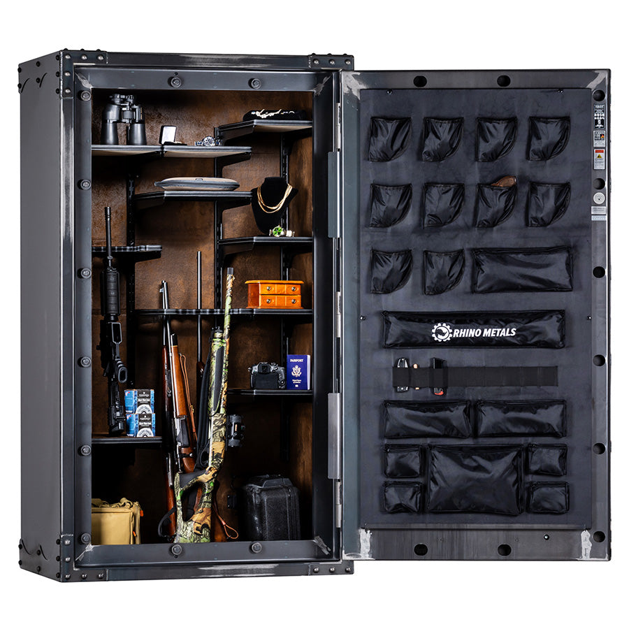 Inside Rhino Thunderbolt TGIX Ironworks gun safe with rifle rods, shelving, and door-mounted storage pockets