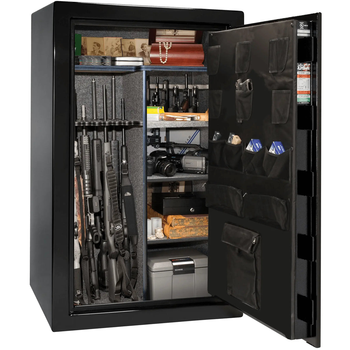 Liberty Safe USA 36 gun safe in textured black with loaded interior, shelves and door panel organizer