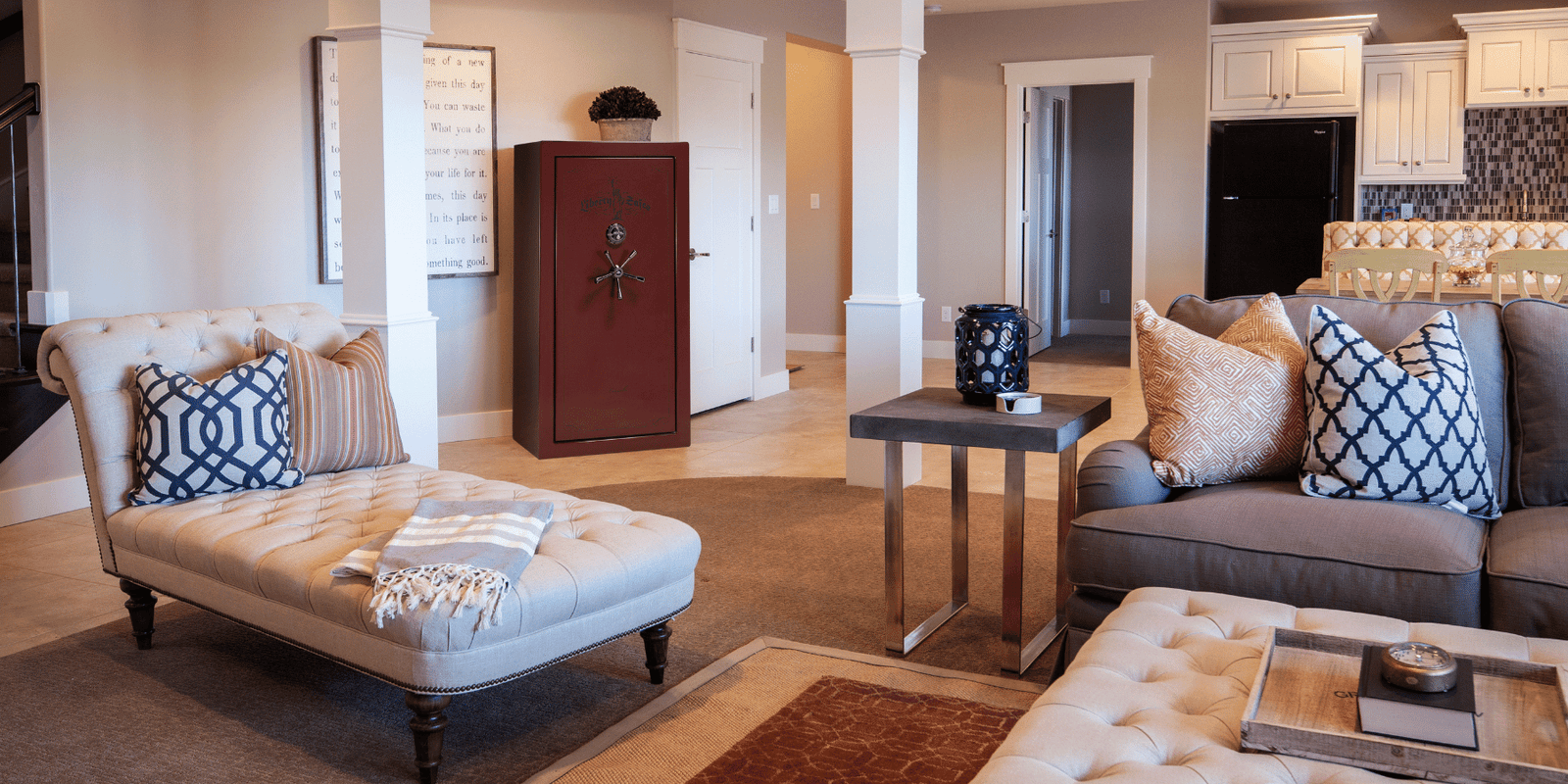 Room shot with safe in corner.