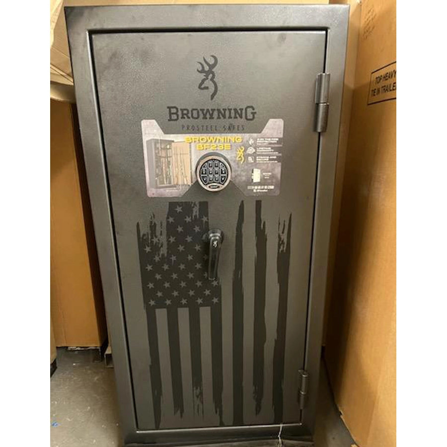 Browning BF23E Primal 23 gun safe Hammer Gray with distressed American flag graphic exterior and electronic lock, closeout
