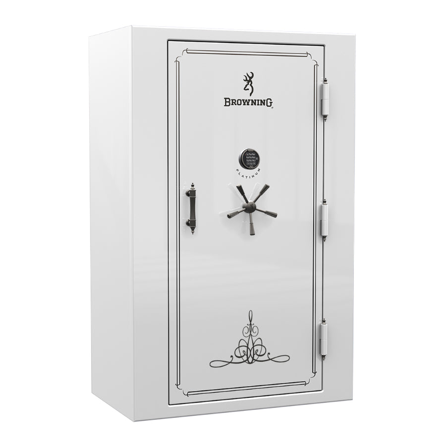 Browning Platinum Plus 49T gun safe in gloss white finish with black chrome hardware