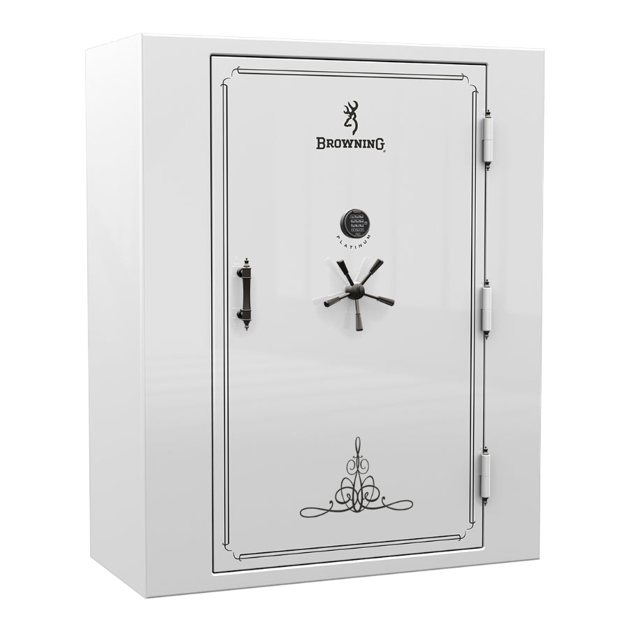 Browning Platinum Plus 65T gun safe in gloss white finish with black chrome hardware