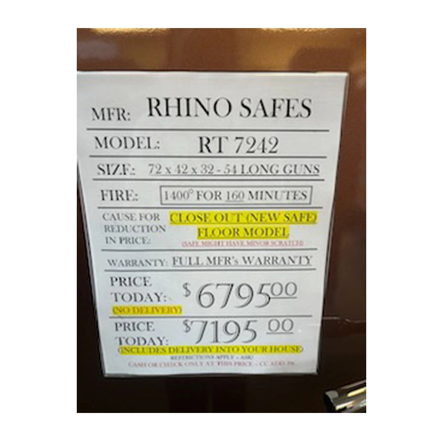 Rhino RT7242 closeout gun safe exterior bronze gloss price sheet closeup
