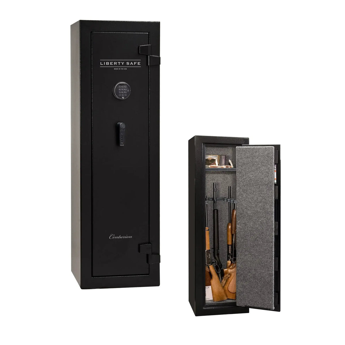 Liberty Safe Centurion 12 gun safe in textured black with electronic lock shown closed alongside interior view without door panel
