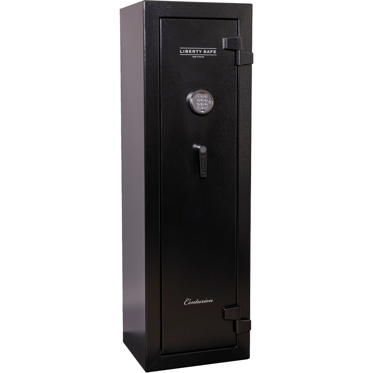 Liberty Safe Centurion 12 gun safe in textured black with electronic lock, 30-minute fire protection, and 12-gun capacity, With Door Panel