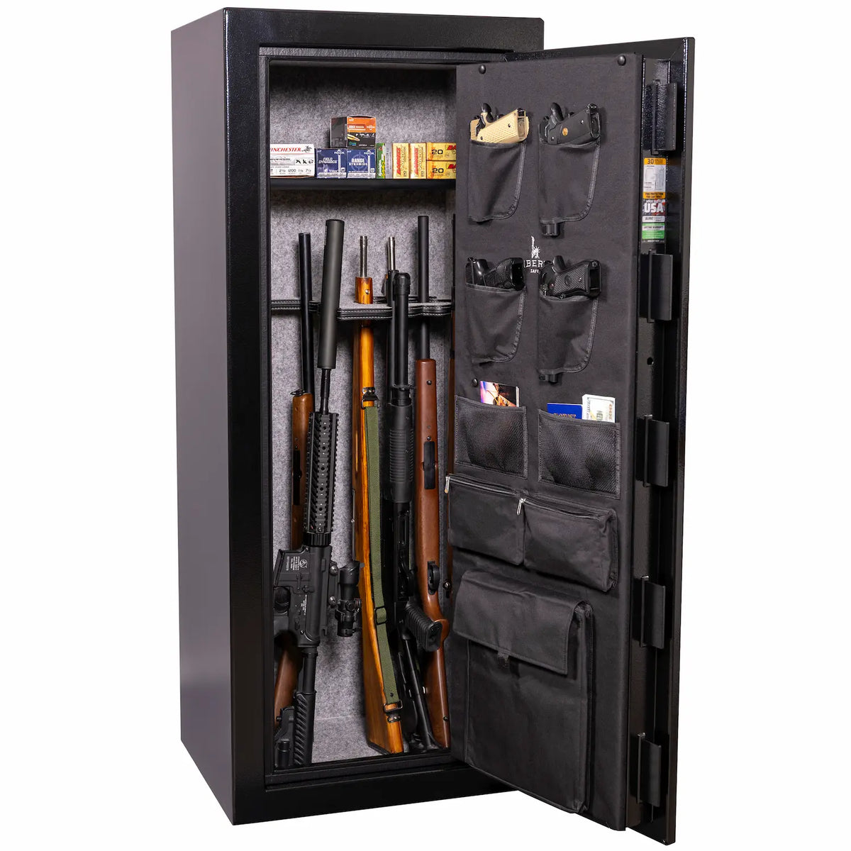 Liberty Safe Centurion 18-gun safe interior with loaded door panel organizer, up to 18 long gun storage, shown fully loaded