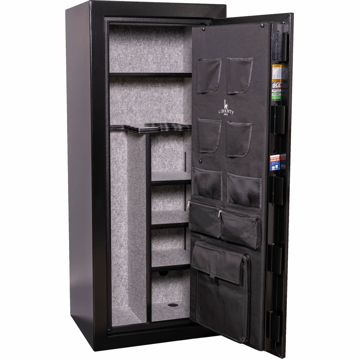 Liberty Safe Centurion 18 Dual Flex™ gun safe interior with adjustable shelves and gray fabric lining and door panel