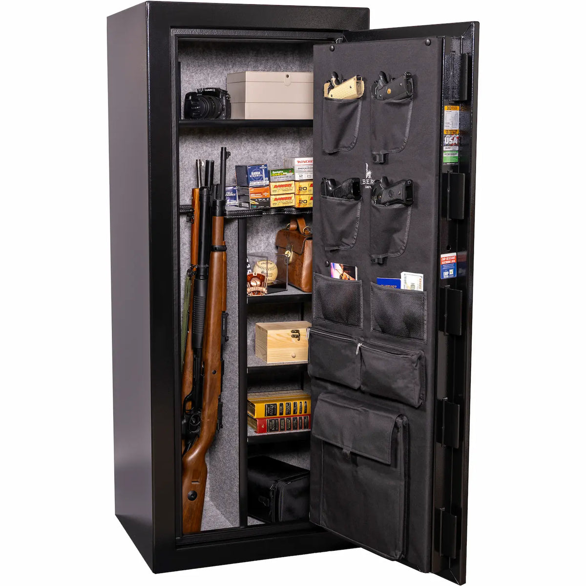 Liberty Safe Centurion 18-gun safe Dual Flex™ interior with loaded door panel organizer, long gun storage, and adjustable shelves loaded
