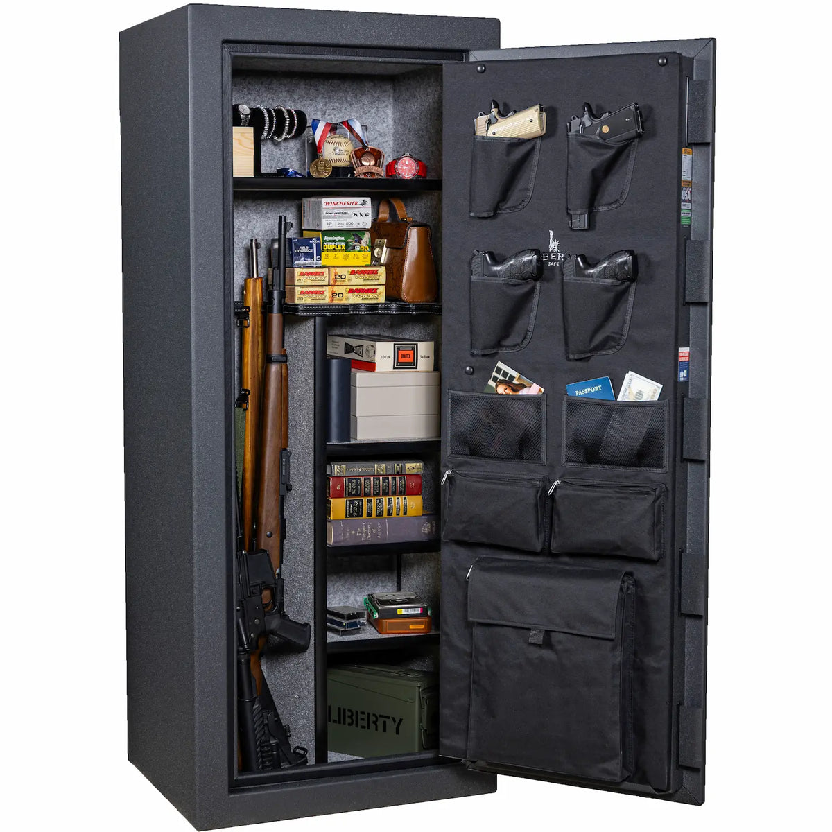 Liberty Centurion 18 250th Commemorative Gun Safe loaded with firearms, gear, and valuables