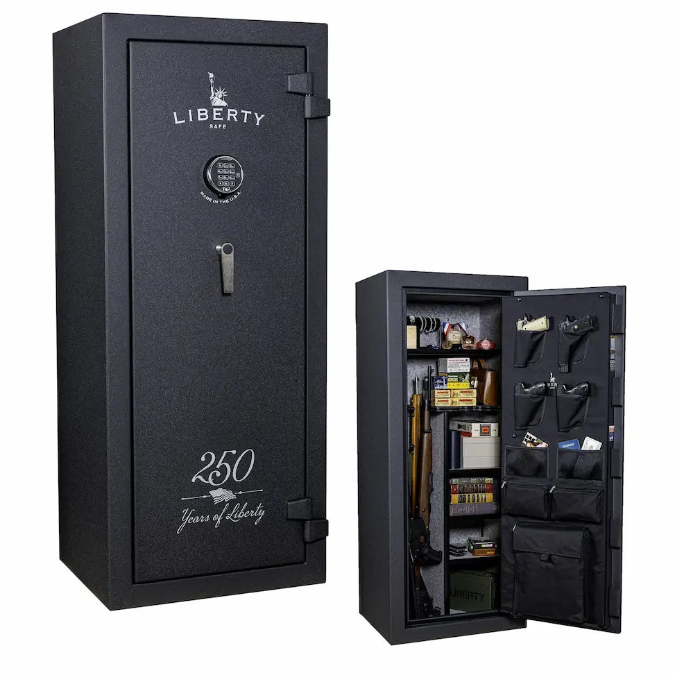 Liberty Centurion 18 250th Commemorative Gun Safe in Forged Black showing exterior and interior storage