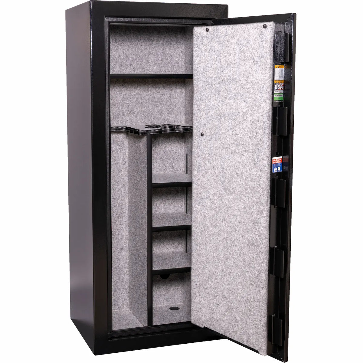 Liberty Safe Centurion 18 Dual Flex™ gun safe interior with adjustable shelves and gray fabric lining