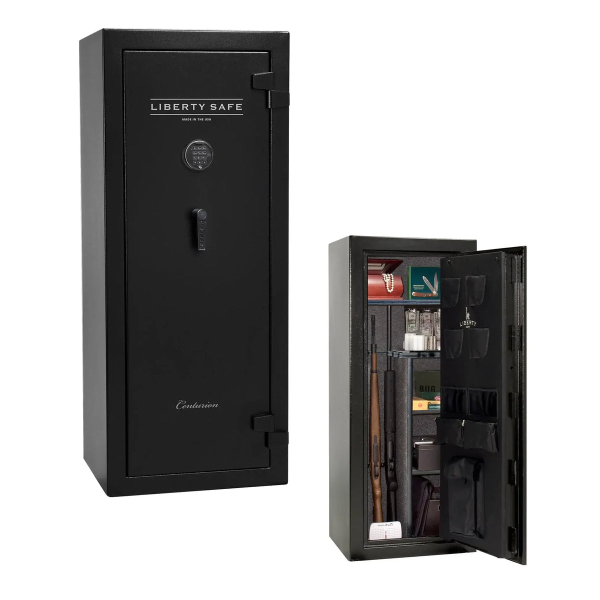 Liberty Safe Centurion 18 gun safe in textured black shown closed alongside loaded interior with door panel organizer