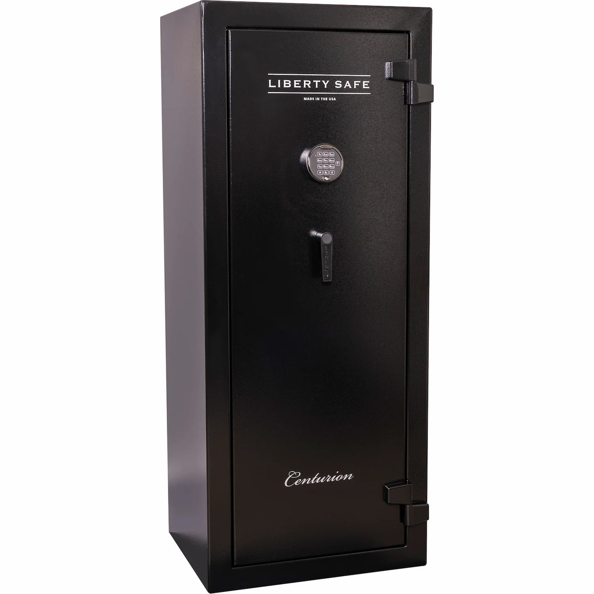 Liberty Safe Centurion 18 gun safe in textured black with electronic lock and drop handle, with door panel