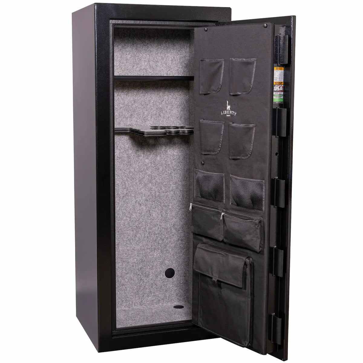 Liberty Safe Centurion 18-gun safe interior with loaded door panel organizer, up to 18 long gun storage, all gun configuration