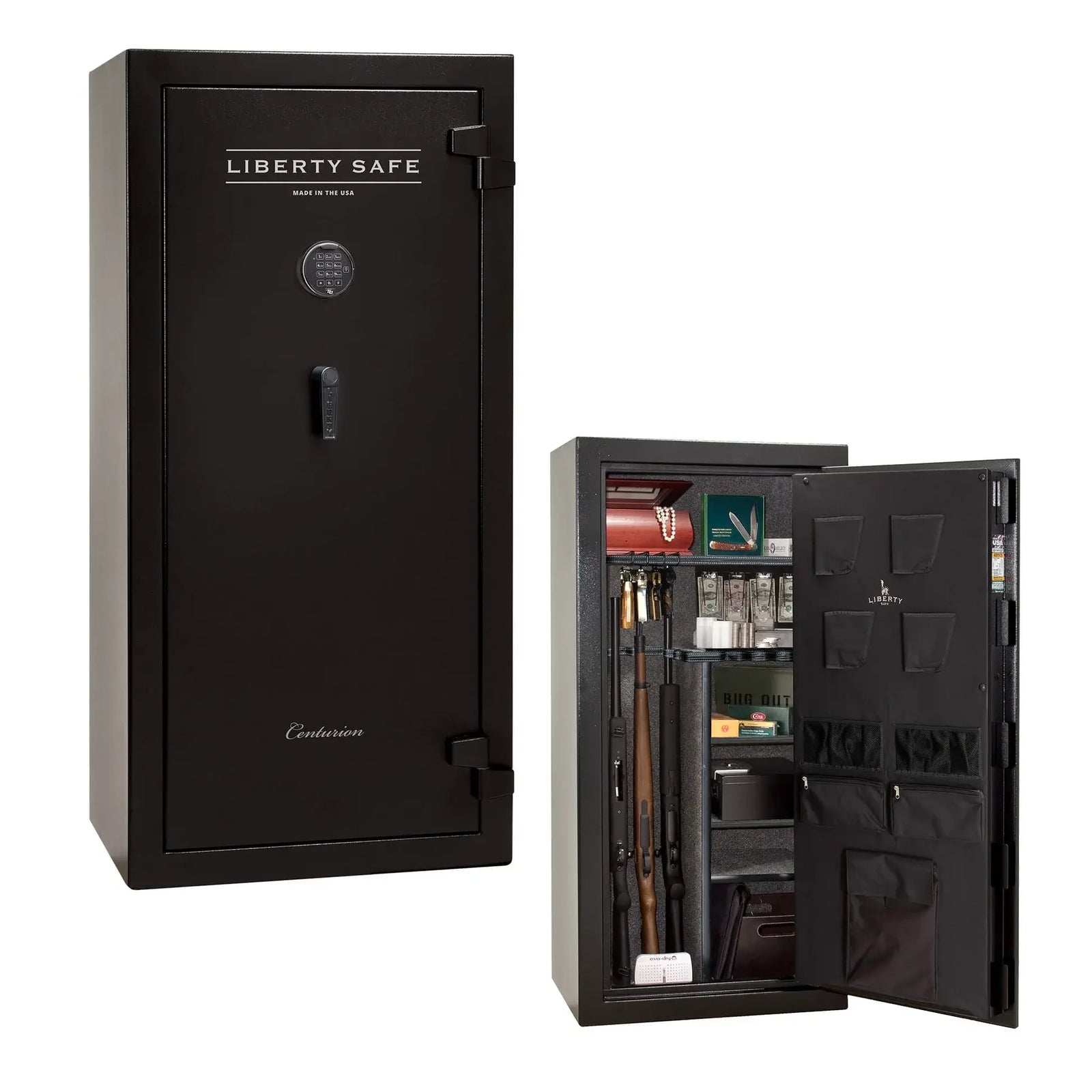 Liberty Safe Centurion 24 gun safe in textured black with electronic lock, drop handle, and loaded interior with door panel organizer
