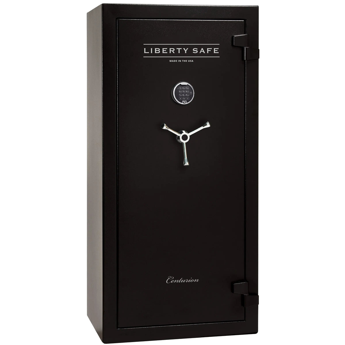 Liberty Safe Centurion 24 gun safe in textured black with electronic lock, 3-spoke handle, and door panel organizer