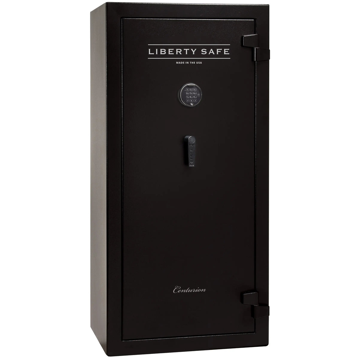 Liberty Safe Centurion 24 gun safe in textured black exterior with electronic lock and drop handle