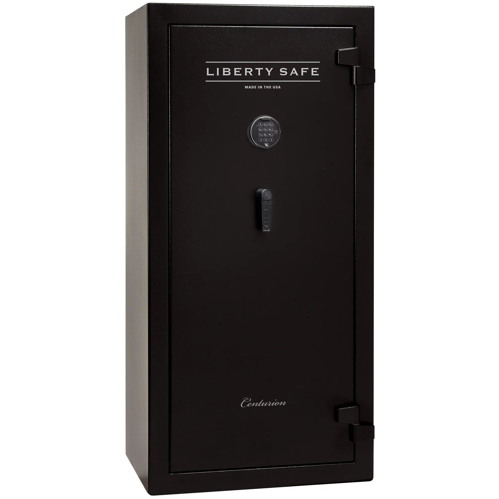 Liberty Safe Centurion 24 gun safe in textured black with electronic lock, drop handle, and loaded interior with door panel organizer