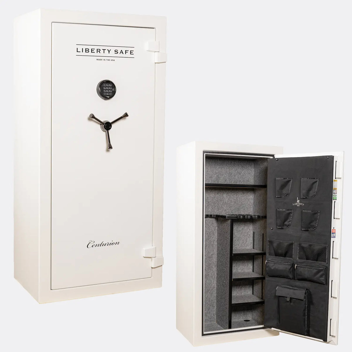Liberty Safe Centurion 24 in Textured White with Black Chrome hardware and matching three-spoke handle exterior and interior