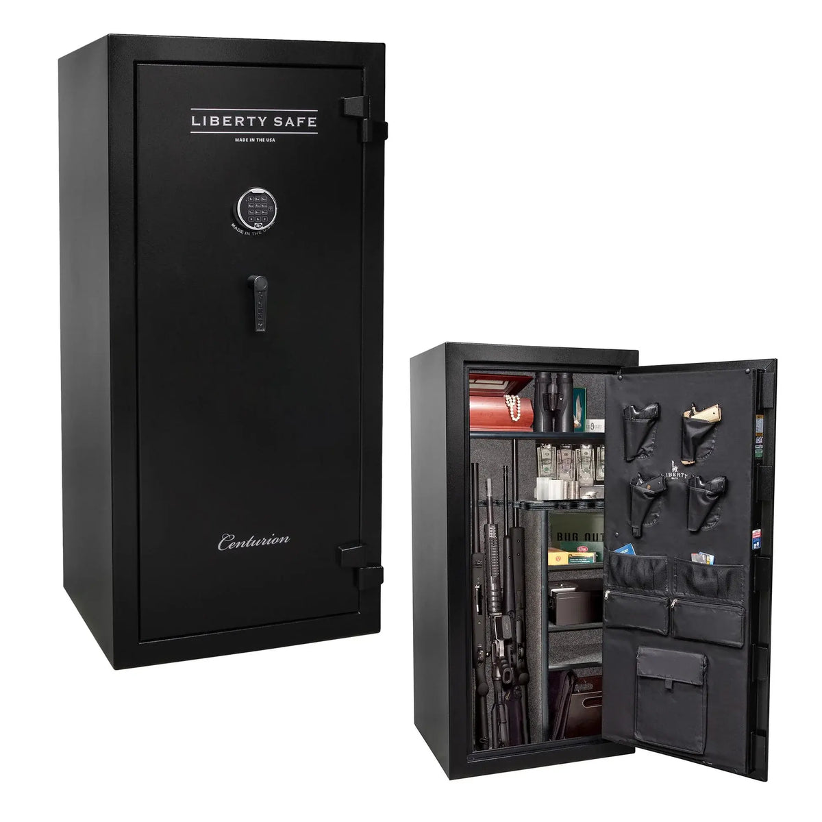 Liberty Safe Centurion 32 gun safe in textured black with electronic lock, drop handle, and loaded interior with door panel organizer