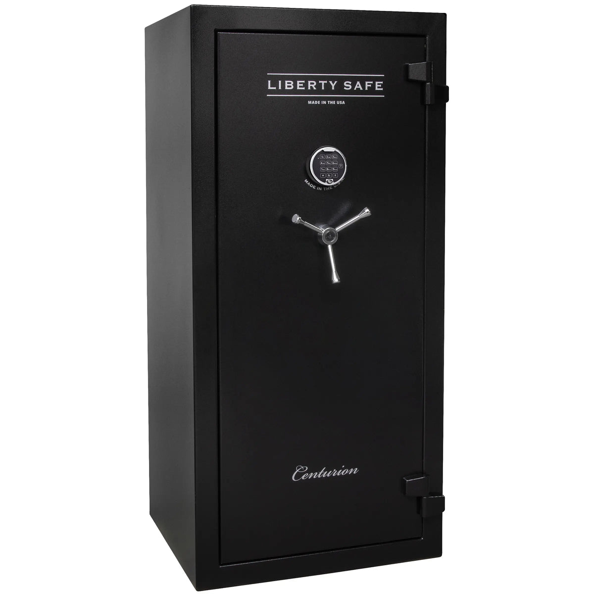 Liberty Safe Centurion 32 gun safe in textured black with electronic lock, 3-spoke handle, and loaded interior with door panel organizer