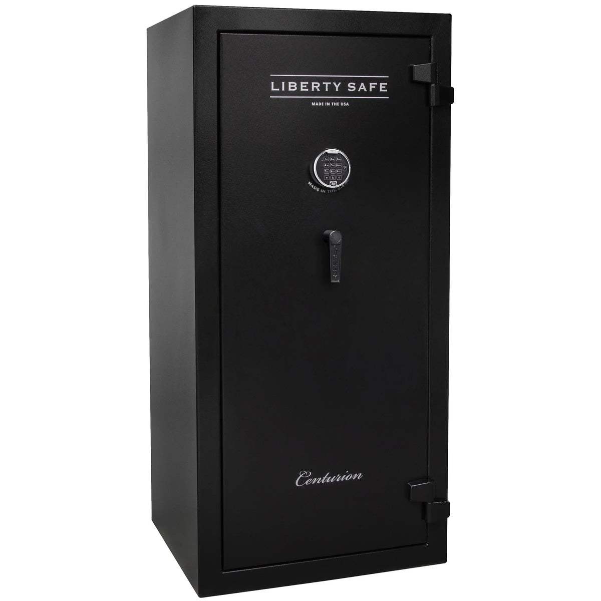 Liberty Safe Centurion 32 gun safe in textured black with electronic lock, drop handle, and door panel organizer