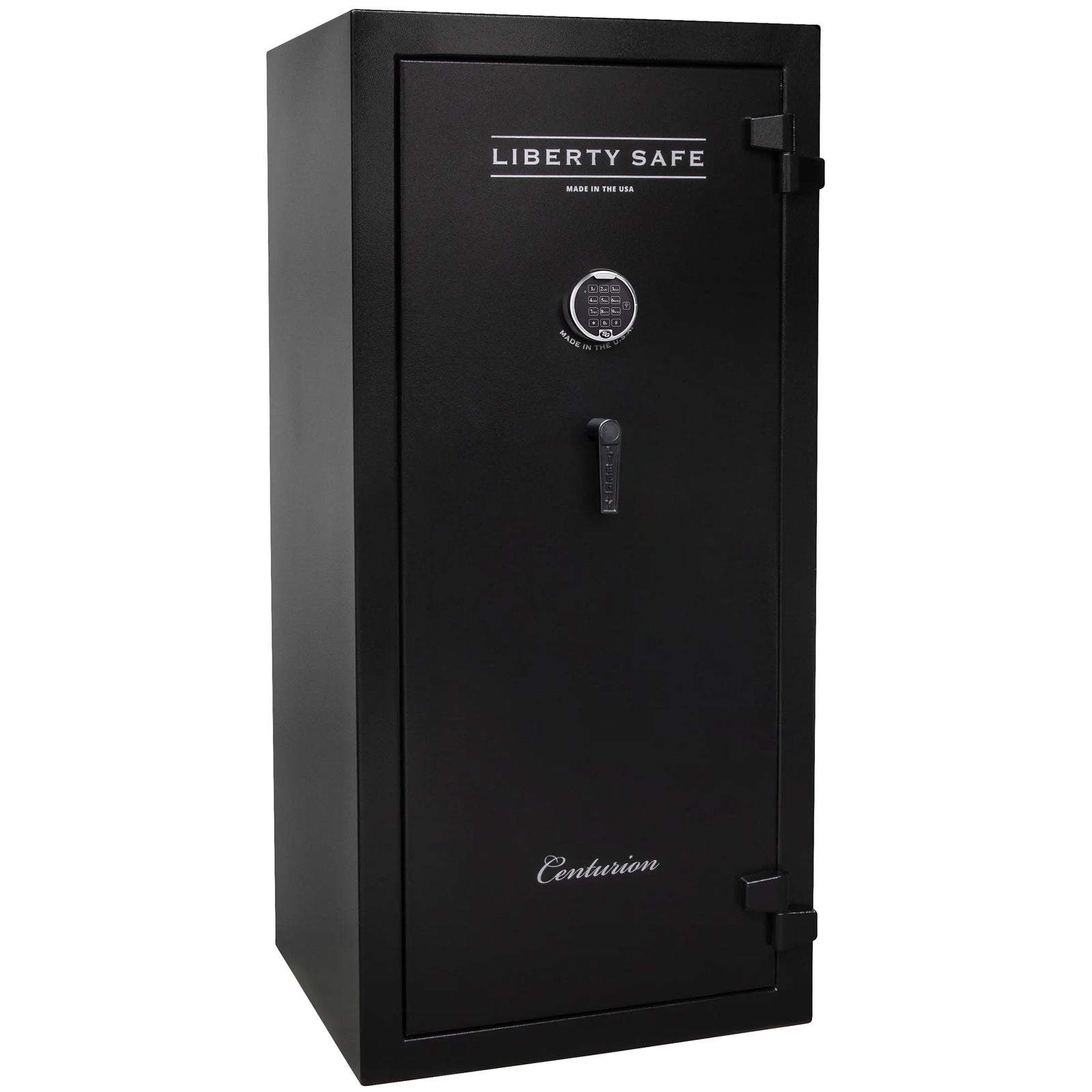 Liberty Safe Centurion 32 gun safe in textured black with electronic lock, drop handle, and loaded interior with door panel organizer