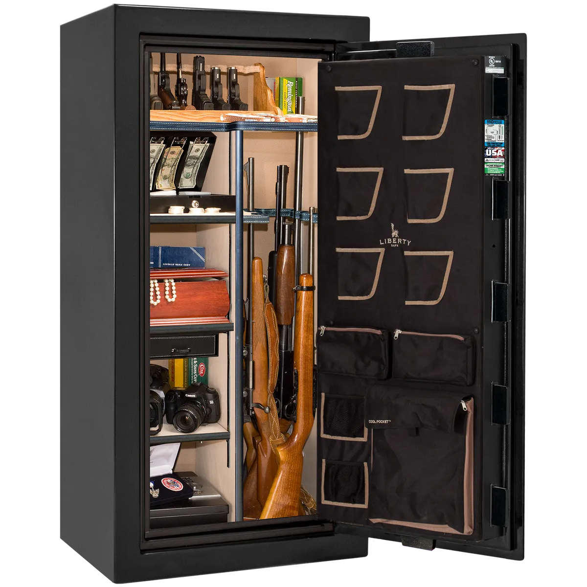 Liberty Classic Plus 25 safe interior with 4-in-1 Flex™ adjustable shelving, long gun storage, and deluxe door organizer.