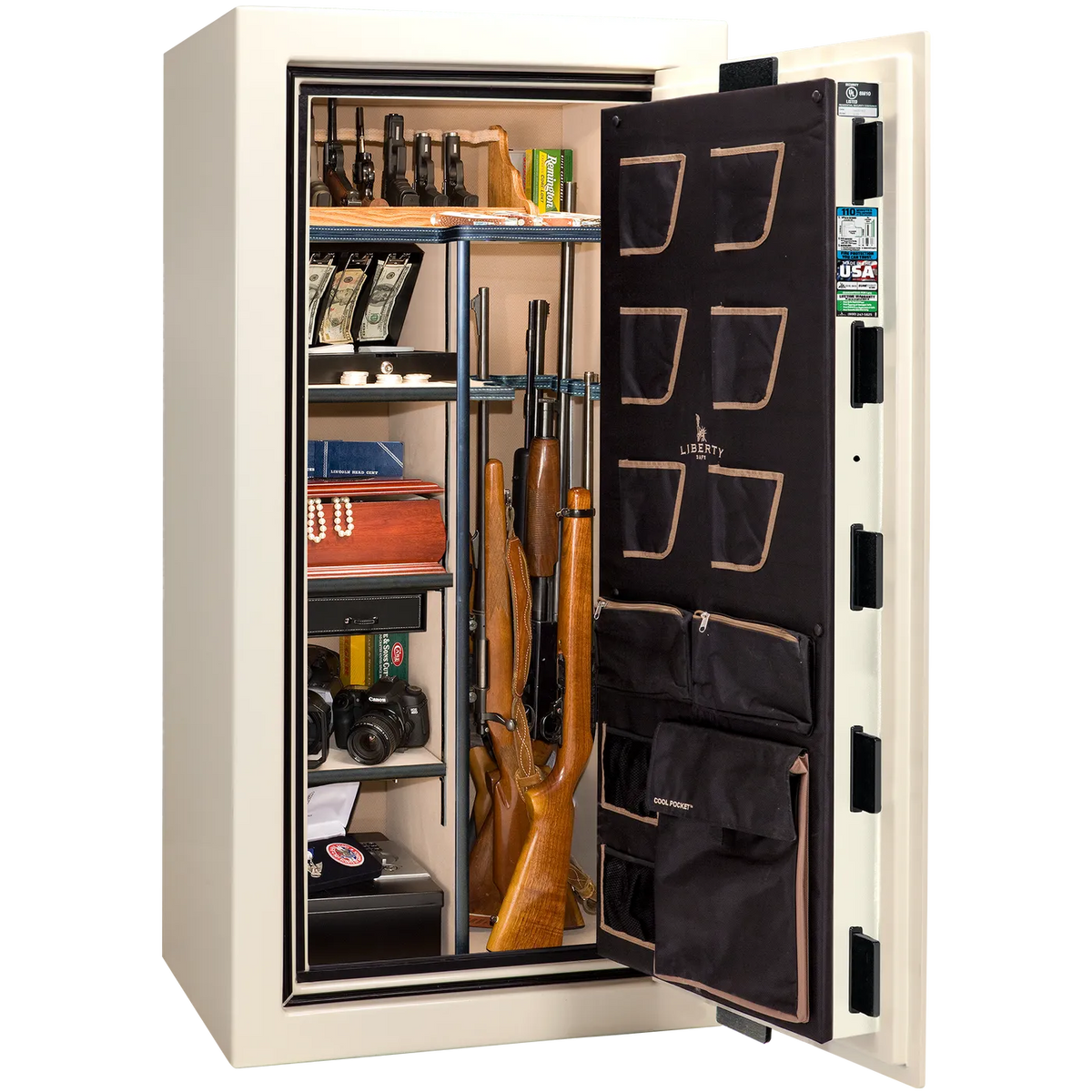 Liberty Classic Plus 25 safe interior with 4-in-1 Flex™ adjustable shelving, long gun storage, and deluxe door organizer.