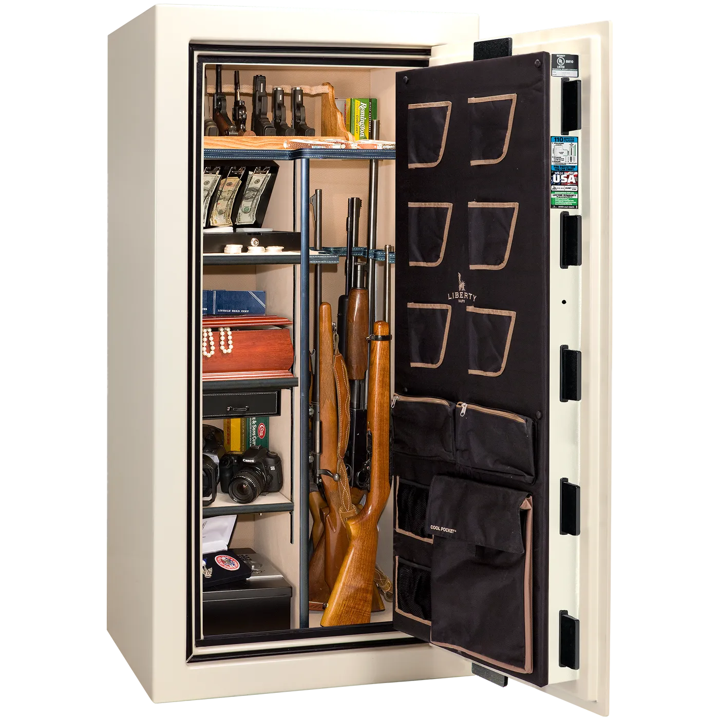 Liberty Safe Classic Plus 25 in White Marble with Black Chrome Electronic Lock, closed door.