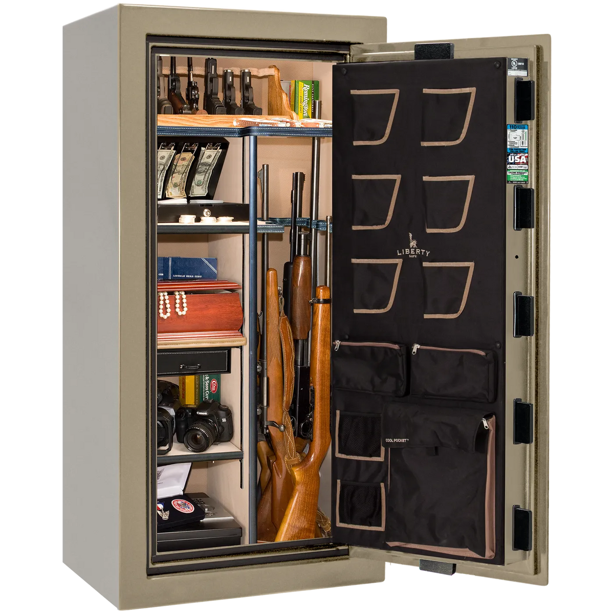 Liberty Classic Plus 25 safe interior with 4-in-1 Flex™ adjustable shelving, long gun storage, and deluxe door organizer.