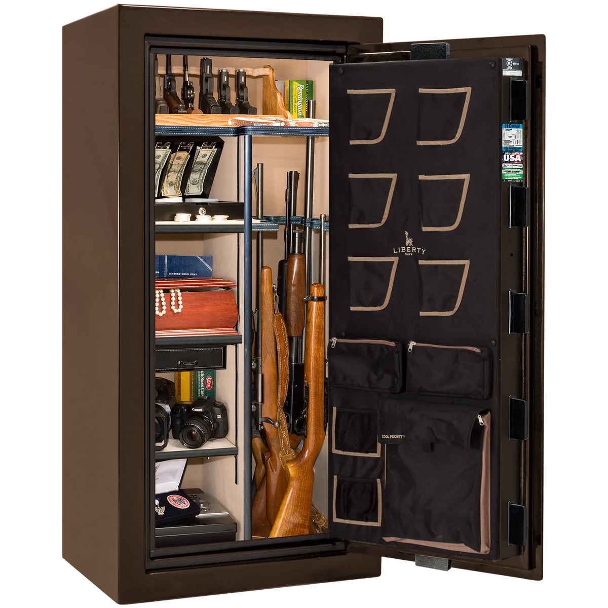 Liberty Classic Plus 25 safe interior with 4-in-1 Flex™ adjustable shelving, long gun storage, and deluxe door organizer.