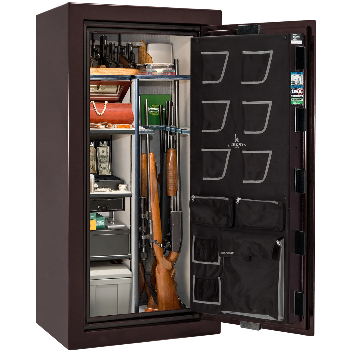 Liberty Classic Plus 25 safe interior with 4-in-1 Flex™ adjustable shelving, long gun storage, and deluxe door organizer.