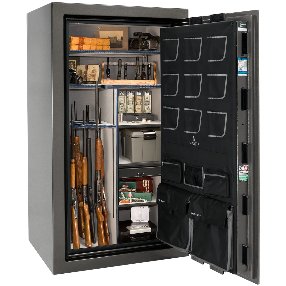 Liberty Classic Plus 40 safe interior with 4-in-1 Flex™ adjustable shelving, long gun storage, and deluxe door organizer.