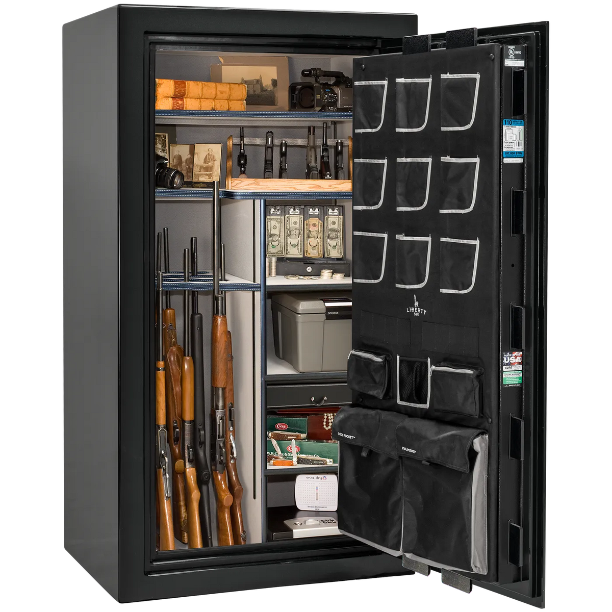 Liberty Classic Plus 40 safe interior with 4-in-1 Flex™ adjustable shelving, long gun storage, and deluxe door organizer.
