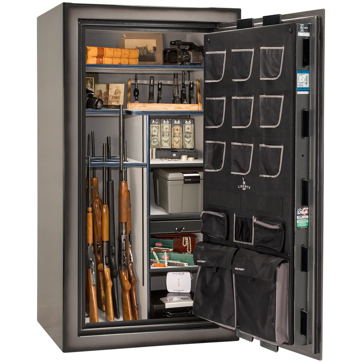 Liberty Classic Plus 40 safe interior with 4-in-1 Flex™ adjustable shelving, long gun storage, and deluxe door organizer.