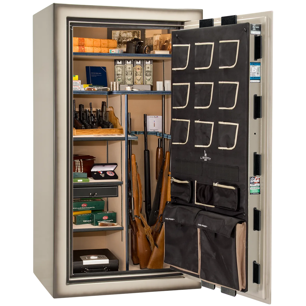 Liberty Classic Plus 40 safe interior with 4-in-1 Flex™ adjustable shelving, long gun storage, and deluxe door organizer.